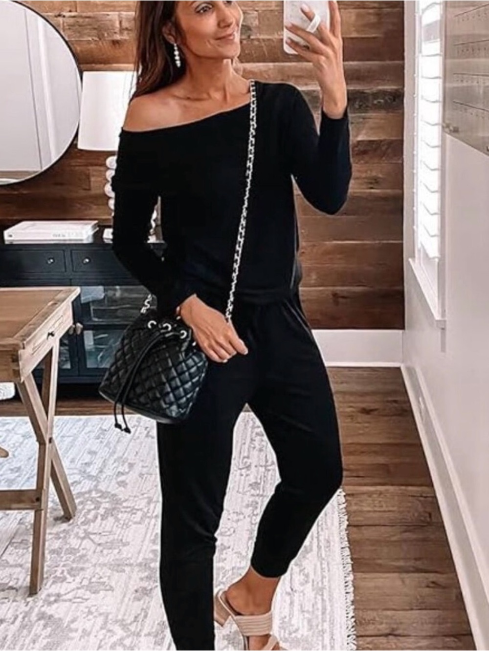 Pretty Garden Jumpsuit casual long sleeve wide neck elastic waist pockets NEW L